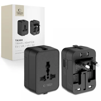 Tech-Protect TA300 ceļojumu adapteris EU / UK / US / AU, USB-A / USB-C, melns