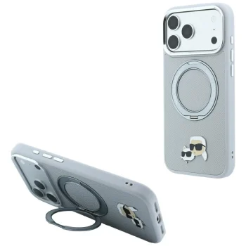 Karl Lagerfeld Ring Stand 360 Karl & Choupette Heads Pin MagSafe vāciņš iPhone 18 Pro / 17 Pro, pelēks