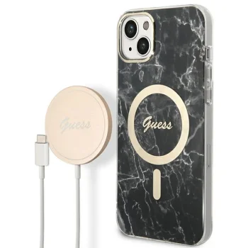 Guess Marble MagSafe komplekts iPhone 14: vāciņš un bezvadu lādētājs, melns