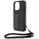 BMW Signature Leather Wordmark Cord vāciņš priekš iPhone 15 Pro, melns