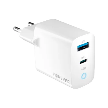 Forever GaN PD QC TC-06 45W Tīkla Lādētājs (USB-C + USB) Balts