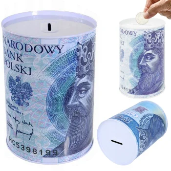Metāla krājkase bundža ar banknotes apdruku, 12.5 x 8 cm
