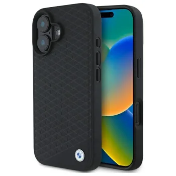 BMW Sign Leather Diamond Metal Logo MagSafe vāciņš priekš iPhone 16 6.1", melns