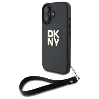 DKNY Wrist Strap Stock Logo iPhone 16 vāciņš ar rokas siksniņu, melns