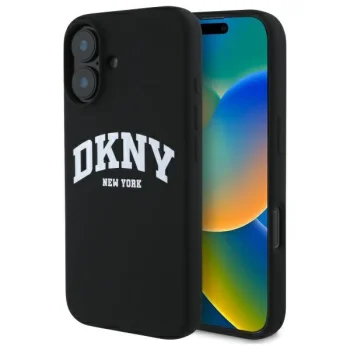 DKNY Silicone White Printed Logo MagSafe vāciņš iPhone 16 6.1", melns