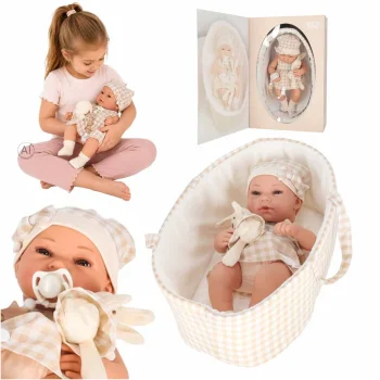 Lelle zīdainis ar pārnēsājamo somu un zaķa mīksto rotaļlietu, 38 cm, smilškrāsas