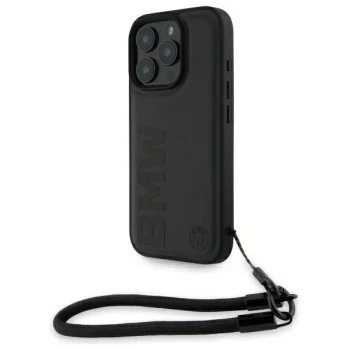 BMW Signature Leather Wordmark Cord vāciņš iPhone 16 Pro ar rokas siksniņu, melns