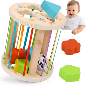 Bakalu Montessori koka sensorā kubs-sorteris ar gumijām un 6 klučiem