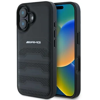 Mercedes-Benz iPhone 16 vāciņš AMG Leather Debossed Lines, melns
