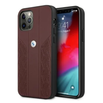 BMW iPhone 12 / 12 Pro vāciņš Leather Curve Perforate, sarkans