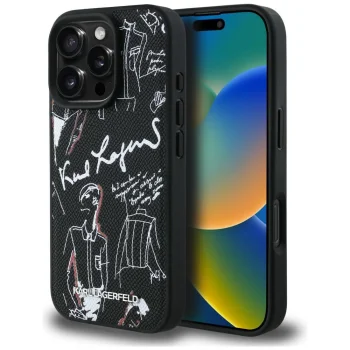 Karl Lagerfeld Grained Pattern & Logo MagSafe vāciņš iPhone 16 Pro, melns