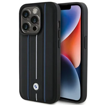 BMW Leather Stamp Blue Line vāciņš iPhone 15 Pro Max 6.7", Black