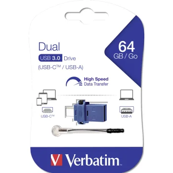 USB zibatmiņa Verbatim Store 'n' Go Dual Drive 64 GB, USB 3.0 un USB-C, zila / melna