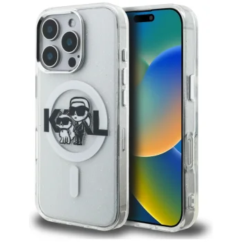 Karl Lagerfeld IML Glitter Karl & Choupette MagSafe vāciņš iPhone 16 Pro, caurspīdīgs