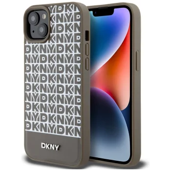 DKNY iPhone 15 vāciņš Leather Printed Pattern MagSafe, brūns