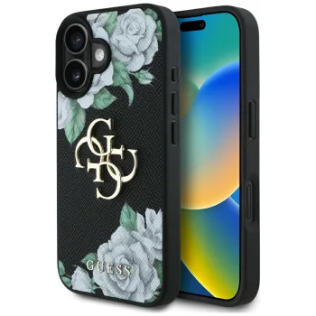 Aizsargvāciņš Guess Grained Roses Big 4G logo iPhone 16, melns