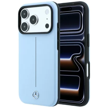 Mercedes Leather Semi Wrap Iconic Line MagSafe vāciņš priekš iPhone 18 Pro / 17 Pro, zils