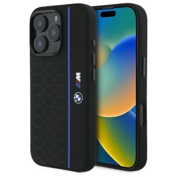 BMW Silicone Hexagon Blue Line MagSafe iPhone 16 Pro silikona vāciņš, melns