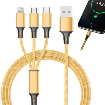 USB 3 vienā telefona vads ar Lightning, micro USB, Type-C, 1,2m, zelta