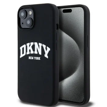 DKNY iPhone 15 / 14 / 13 vāciņš Liquid Silicone White Printed Logo MagSafe, melns