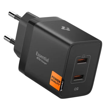 Spigen Essential EE472EU 2-portu USB-C 47W GaN tīkla lādētājs, melns