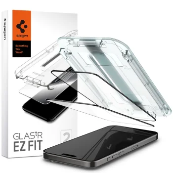 Spigen iPhone 15 Pro Max aizsargstikls GLAS.TR EZ FIT FC (2 gab.), melns