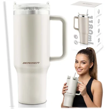 Vakuuma termokrūze ar salmiņu Berdsen 1180 ml, krēmkrāsas