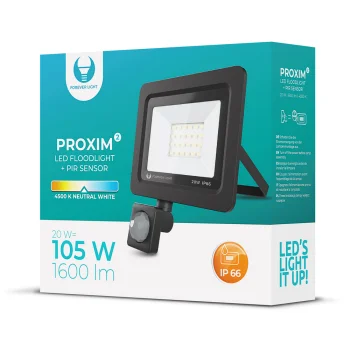 Forever Light Proxim II 20W LED Prožektors ar PIR Sensoru, 4500K, IP66, Melns