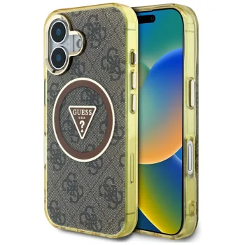 Guess IML Metal Glitter 4G Circle Triangle MagSafe vāciņš iPhone 16, brūns