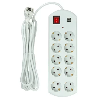 Pagarinātājs 5 m, 10 ligzdas, 2x USB, ar slēdzi, balts