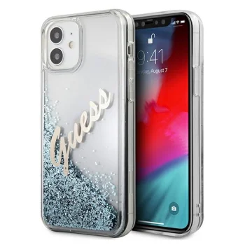 Guess iPhone 12 mini vāciņš Glitter Vintage Script, zils