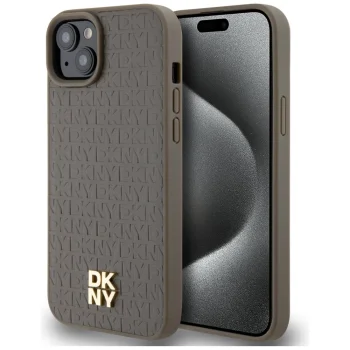 DKNY iPhone 15 Plus vāciņš Leather Monogram MagSafe, brūns