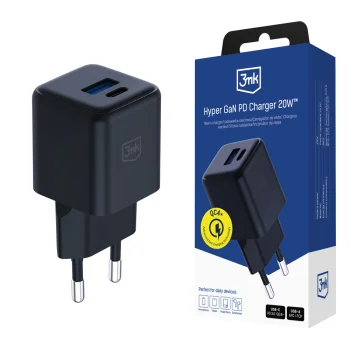 3mk Hyper GaN lādētājs 20W USB-C USB-A QC4+ PD PPS, melns