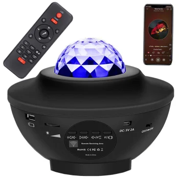 LED RGB zvaigžņu projektors un nakts lampa ar Bluetooth skaļruni un pulti, melns