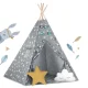 Nukido Bērnu Telts ar Gaismas Virteni, Pelēka ar zvaigznēm | Tepee Tent for Children with Lights