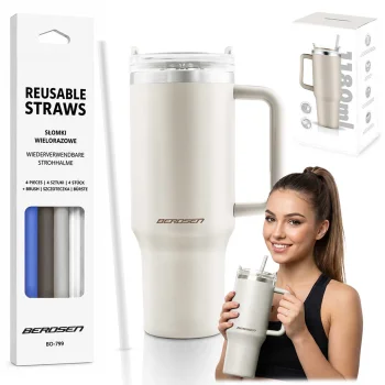 Termokrūze Berdsen 1180 ml ar salmiņu komplektu, krēmkrāsas