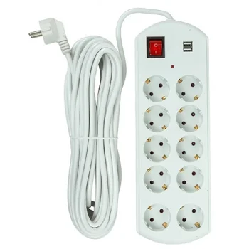 Pagarinātājs 10m, 10 ligzdas, 2x USB, ar slēdzi, balts