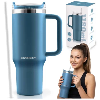 Vakuuma termokrūze ar salmiņu Berdsen 1180 ml, tumši zila