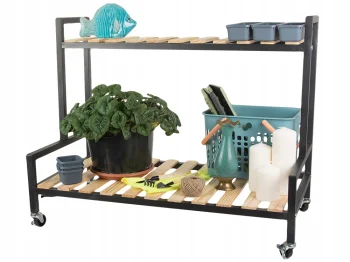 Divlīmeņu plaukts uz riteņiem terasei, dārzam, mājām | Wooden Two-level Shelf on Wheels