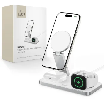 Tech-Protect QI15W-A47 MagSafe trīs vienā bezvadu lādētājs, balts