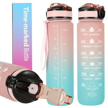 Necaurlaidīga Ūdens Pudele ar Laika Atgādinājuma Marķieri bez BPA, 1L, Rozā Zilā | Motivational Water Bottle...