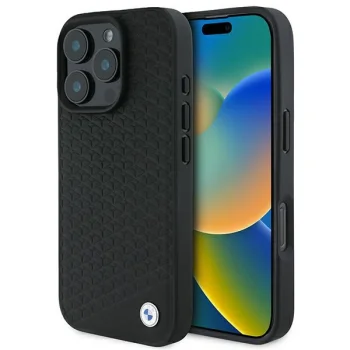 BMW Signature Leather Diamond Metal Logo MagSafe vāciņš priekš iPhone 16 Pro Max, melns