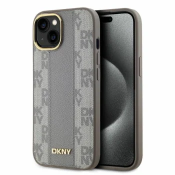 DKNY iPhone 15 vāciņš Leather Checkered Mono Pattern MagSafe, bēšs