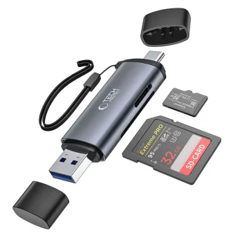 Atmiņas karšu lasītājs Tech-Protect UltraBoost SD/microSD, USB-C un USB-A, pelēks