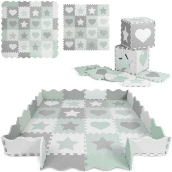 Ricokids Putu Puzles Grīdas Paklājiņš 151x151cm, 16 gab. komplekts, Pelēks-piparmētra | Puzzle Foam Mat