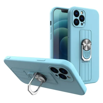 Silikona vāciņš iPhone 12 mini ar gredzenu un statīvu, gaiši zils