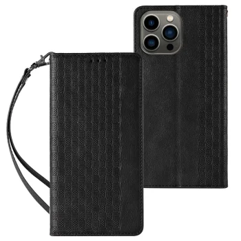 Atverams vāciņš iPhone 12 Pro Magnet Strap Case ar statīvu un siksniņu, melns
