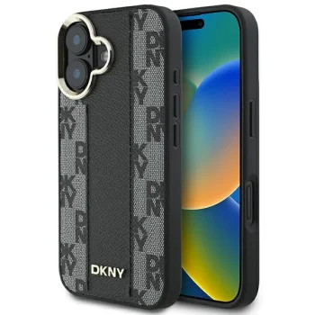 DKNY iPhone 16 vāciņš Leather Checkered Mono Pattern MagSafe, melns