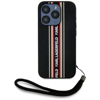 Karl Lagerfeld Saffiano Athleisure Stripes Cord iPhone 15 Pro vāciņš ar aukliņu, sarkans