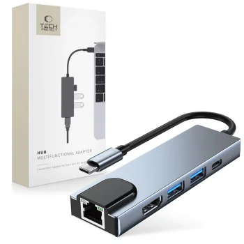 USB-C centrmezgls Tech-Protect V3 5in1, HDMI, RJ45, USB 3.0, pelēks